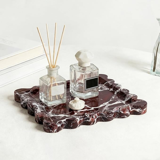 Elegant Square Marble Decorative Tray with Scalloped Edge Natural Stone Vanity Tray Organizer for Counter, Vanity, Dresser, Nightstand, Bathroom & Kitchen Sink(Rosso Lepanto)