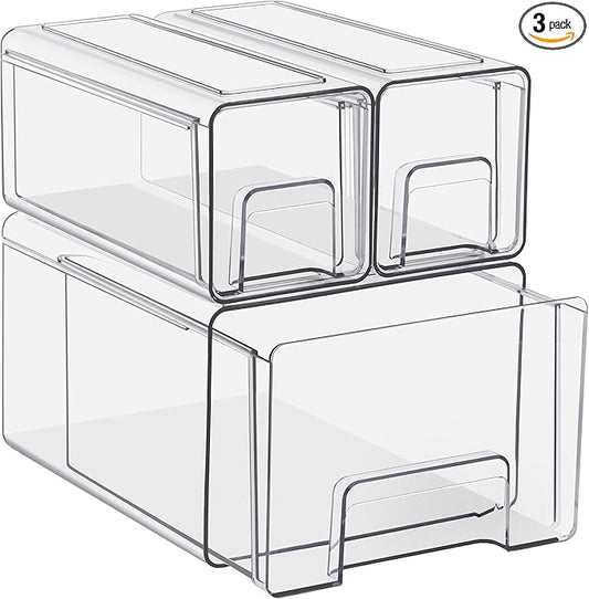 Sorbus 1 Large & 2 Small Clear Stackable Storage Drawers, Plastic Organizer Bins with Handles, Pull-Out Stackable Drawers for Bathroom Closet, Medicine, Cabinet, Pantry Storage, Baby Bottle Organizer