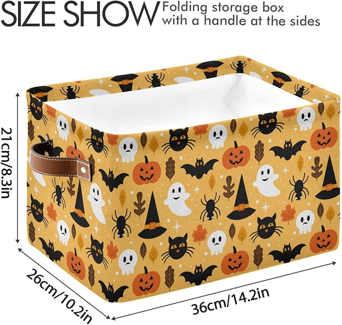 Bolaz Large Storage Basket Halloween Spooky Skull Pumpkin Black Cat Foldable Storage Box Organizer Bins with Handles for Bedroom Home Office