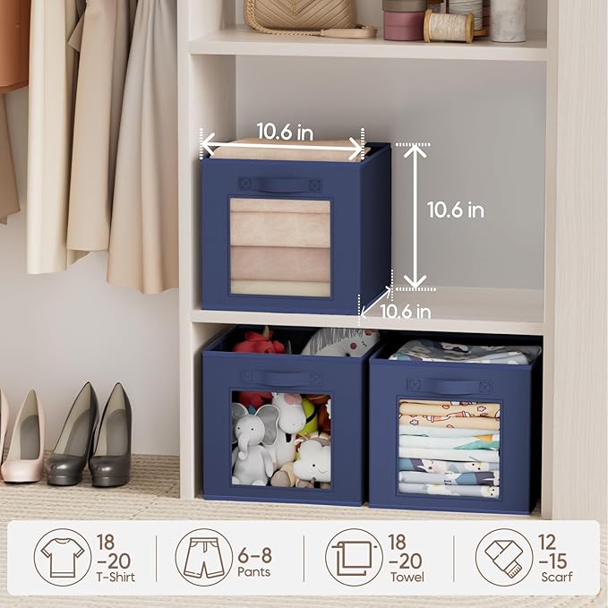 Storage Cube 11 Inch - Cube Storage Bins with Window, Closet Storage Baskets with Handle, Fabric Bins for Closet, Shelves, Toys, Clothes, Set of 12, Navy Blue