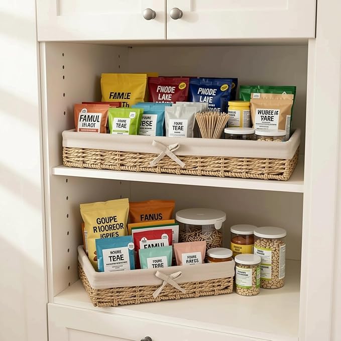 Set of 4 Wicker Baskets for Organizing – Khaki Paper Rope, Fabric Lined Shallow Shelf Storage Bins, Handwoven Rectangular Pantry & Closet Organizer Baskets