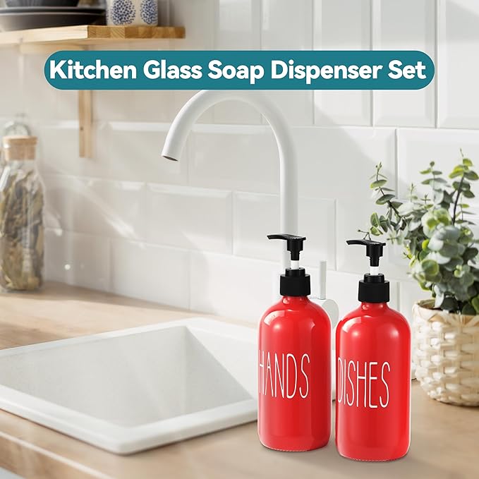 Glass Soap Dispenser Set 2 Pack,16 Oz Dish Soap Dispenser for Kitchen Sink,Red Kitchen Accessories and Kitchen Decor,Red Decorations and Kitchen Utensils for Kitchen