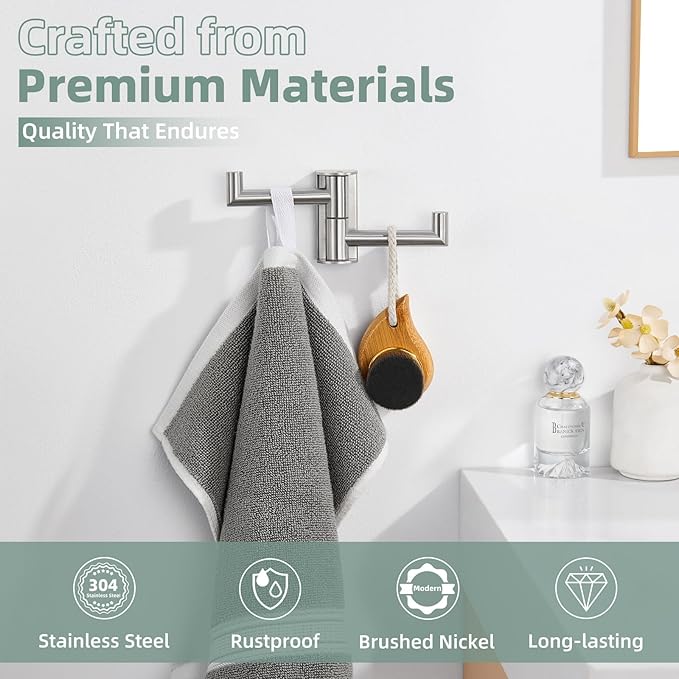 Brushed Nickel Double Swivel Towel Hook, 304 Stainless Steel Folding Clothes Hanger, Wall Mounted