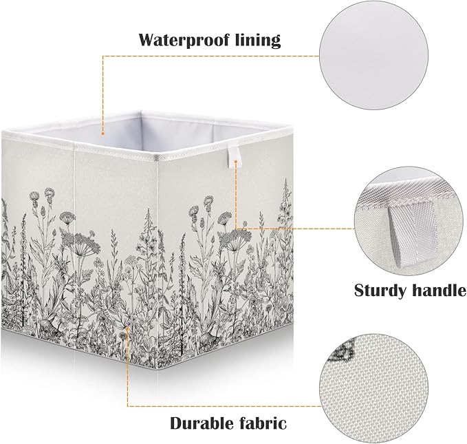 Blueangle Black and White Flowers Cube Storage Bin, 11 x 11 x 11 in, Large Collapsible Organizer Storage Basket for Home Décor