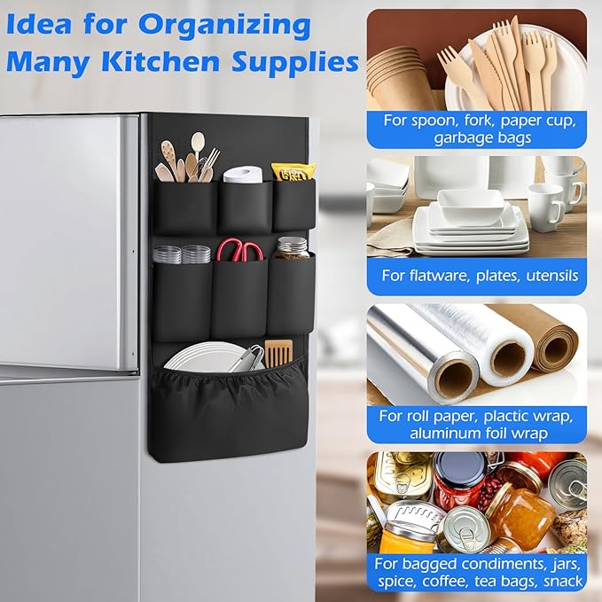 Dorm Room Essentials Mini Fridge Storage, 14 Pockets and Paper Goods Organizer, Dorm and Office Over the Fridge Caddy Organizer, College Essentials Flatware Storage Organizer - Black