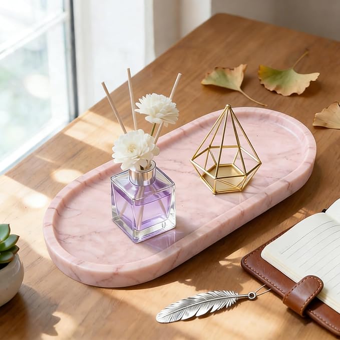 Natural Marble Tray, Pink Stone Tray, Vanity Decorative Tray for Countertop, Catchall for Perfume, Candles, Skincare, Jewelry Dish, Bathroom Tray, Hotel Supplies