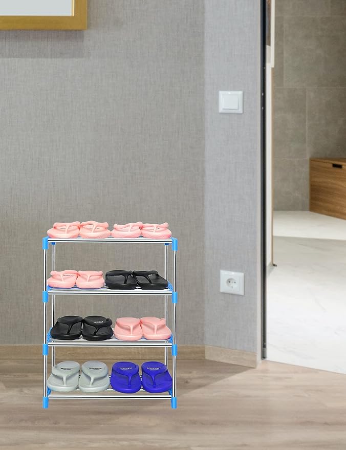 LNYZQUS Upgrade 4 Tier Small Shoe Rack, Kids Show Rack Closet Shoe Organizer,Compact Stackable Shoe Shelf Shoe Stand Floor Shoe Rack for Narrow Space,Zapateras Organizer for Shoes (Blue)