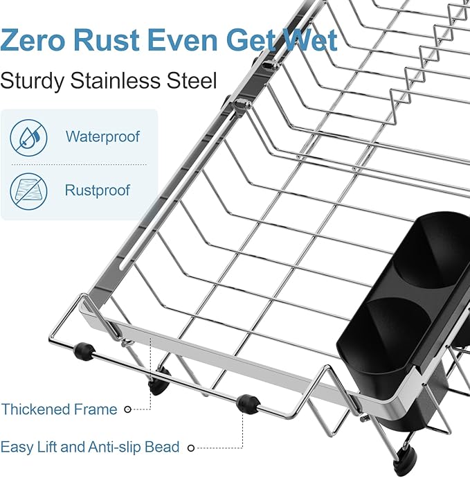 GSlife Expandable Over the Sink Dish Drying Rack with Silicone Drying Mat - Stainless Steel Dish Drainer with Locking Knob, Size Adjustable Dryer Strainer for Kitchen, 12.8" W x 10.8"-17.9" L, Silver