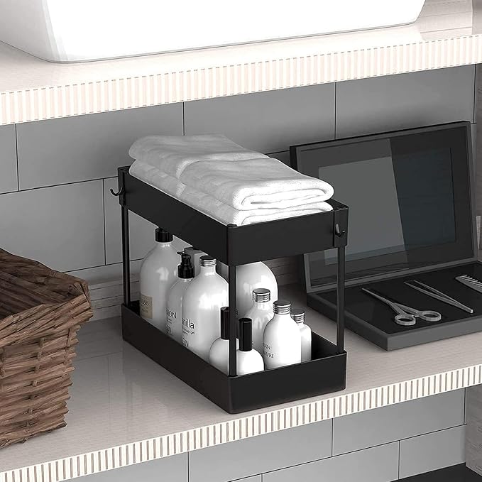 Under Sink Organizer, Under Bathroom Sink Storage 2 Tier Organizer Bath Collection Baskets with Hooks, Under Sink Shelf Organizer Rack, Multi-purpose Under Sink Storage for Bathroom Kitch(Color:Black)