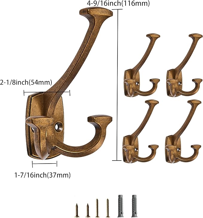 Antique Brass Hooks Large Wall Mounted Decorative Solid Heavy-Duty Double-Sided Coat Hooks for Hanging Towels Coats Robes Towels Bag Bathroom Wall Hooks (5 Pack)