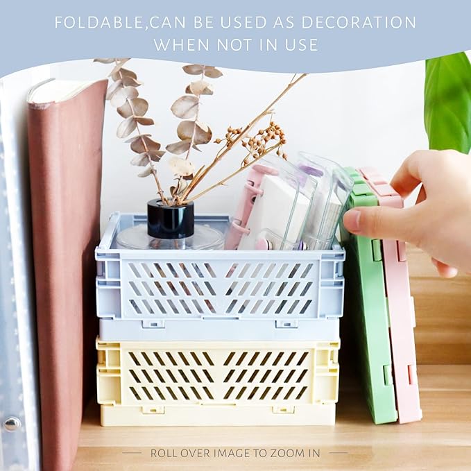 4 Pack Mini Plastic Baskets for Shelf Storage Organizing, Small Plastic Baskets, Folding Storage Crate for Home Kitchen Classroom Bedroom Bathroom Office (5.9 x 3.8 x 2.2 in)