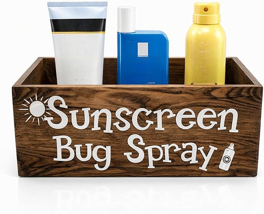 Sunscreen Bug Spray Storage Basket Summer Beach Wooden Box with 3 Compartment Dark Brown Toilet Tank Tray for Indoor Outdoor Swimming Pool Decor Sunblock Sunglasses Pool Toy Storage Basket