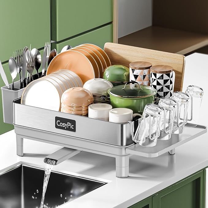 Dish Racks, Thicker Premium 304 Stainless Steel Dish Drying Rack for Kitchen Counter, Automatic Drainage Spout, Dish Drainer & Drainboard Set with Utensil Holder and Cup Holder, Grey