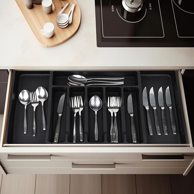 S&F Homes Expandable Cutlery drawer organizer, utensil drawer organizer, flatware and silverware holder, organization and storage tray for kitchen decor, BPA-Free. (Black)
