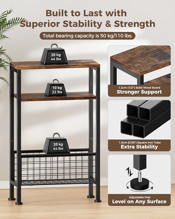 Karii Narrow Side Table, Skinny End Table for Small Spaces with Storage, 3-Tier Slim Wooden Bedside Nightstand Thin Couch Table for Living Room Bedroom Office Dorm Kitchen Bathroom (2, Rustic Brown)