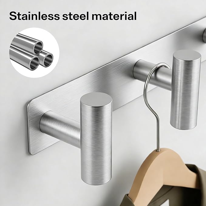 Silver Coat Hooks, Silver Wall Mounted Coat Rack – 5 T-Shaped Towel Rack for Hats, Bags & Towels, Heavy-Duty Metal Rail for Entryway, Bathroom, Closet, Bedroom