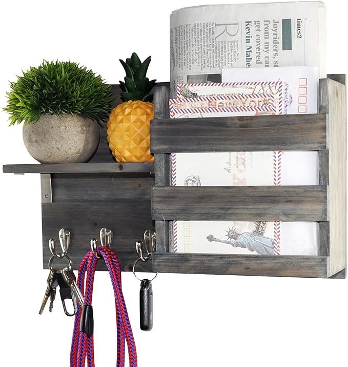 Spiretro Wall-Mounted Key Holder Hooks - Rustic Wood Weathered Grey & Black - Entryway Organizer for Mail, Leashes, and Purses - Floating Shelf, 16.5” W x 9.75" H x 4.5” D
