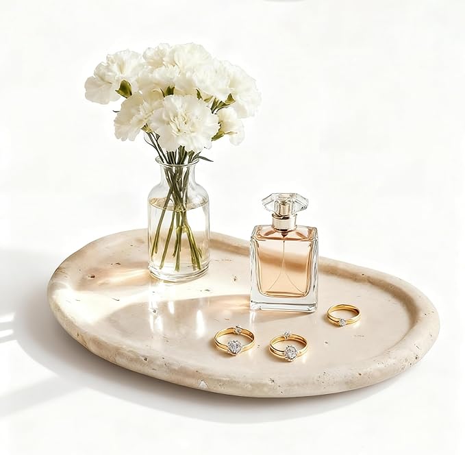 Natural Travertine Tray,Marble Ring Dish for Bathroom,Special-Shaped Jewelry Tray,Dressing Table, Bedside Table,Home Decor,Beige Large (NS030)