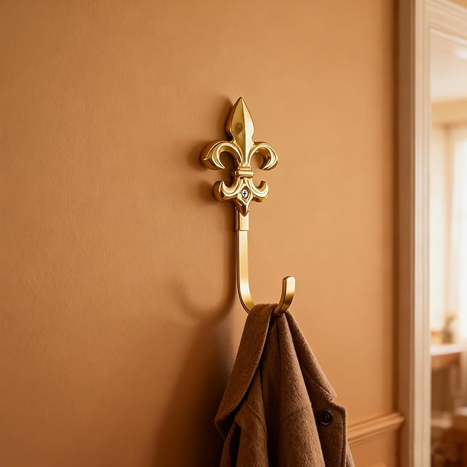 4 Pack Vintage French Fleur De Lis Decorative Wall Hooks, Heavy Duty Metal Curtain Tie Backs for Hanging Coats, Towels, and Robes, Wall Mounted Hangers for Entryway & Bathroom (Gold)