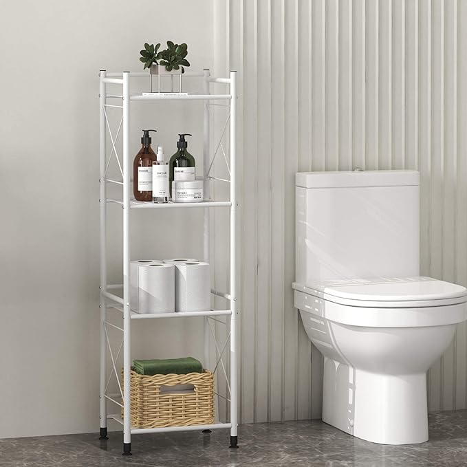 TZAMLI 4 Tier Shelving Unit, Freestanding Bathroom Storage Shelves, Metal Heavy Duty Storage Rack Shelf for Small Space Kitchen Balcony Office, White