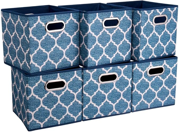 13x13x13 Inch Cube Storage Bins Blue Navy Foldable Grid Lantern Print Fabric Storage Basketes for Home Organizers Storage Drawer,QY-SC02-6