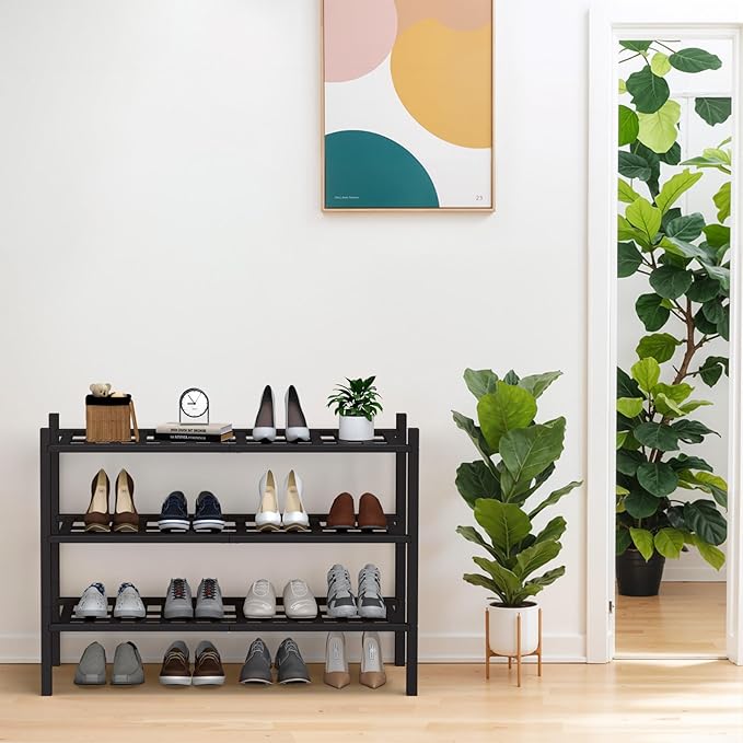 Haddockway 3 Tier Bamboo Shoe Rack Storage Organizer, Multifunctional Free Standing Stackable Shoe Shelf with Grid Panel for Closet,Hallway,Entryway,Small Space 27"x11"x20"