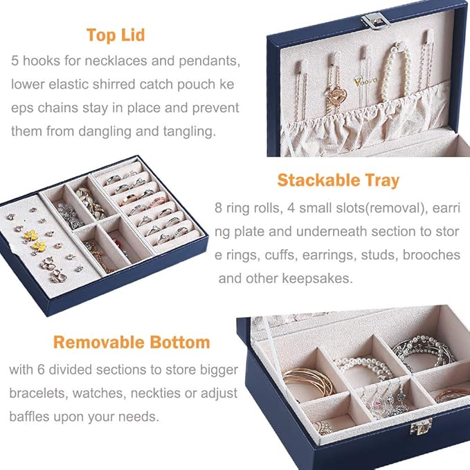 Voova Jewelry Box Organizer for Women Girls, 2 Layer Large Men Jewelry Storage Case,PU Leather Display Jewellery Holder with Removable Tray for Necklace Earrings Rings Braceletsï¼Vintage Giftï¼Navy Blue