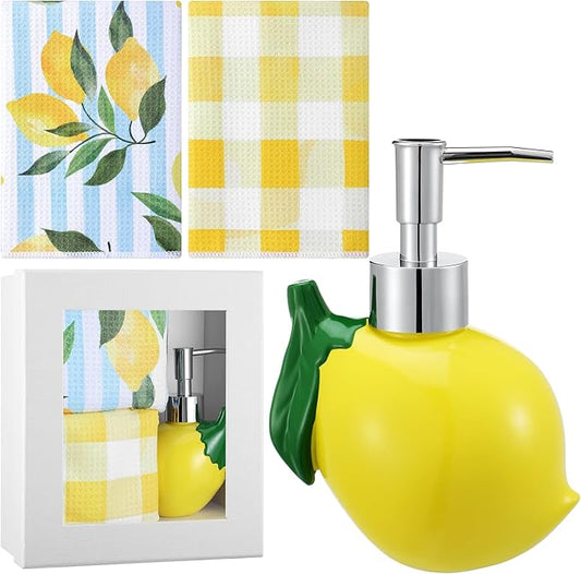 4 Pcs Lemon Soap Dispenser for Kitchen and Bathroom Lemon Lotion Dispenser with Kitchen Towels Box for Bathroom Summer Decor Gift