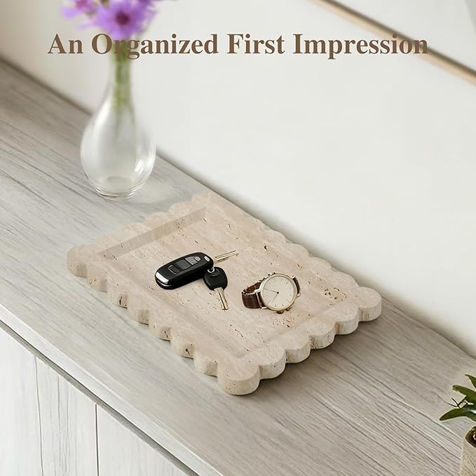 Luxury Beige Travertine Tray with Scalloped Edge, 11"x8" Rectangle Vanity Tray for Bathroom & Kitchen Counter, Decorative Organizer Tray for Dresser, Coffee Table, Home DÃ©cor