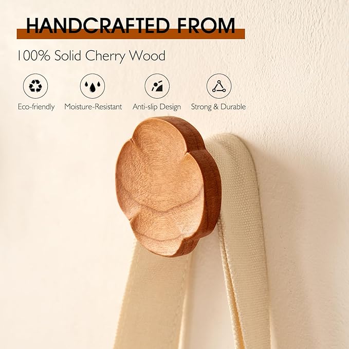 Cherry Wood Wall Hooks Flower-Shaped Wooden Coat Rack Wall Mount, Handcraft Coat Hooks Heavy Duty Entryway Wall Hangers for Hanging Hats, Bags, Clothes Decorative Hook (Diameter 5cm, Pack of 1)