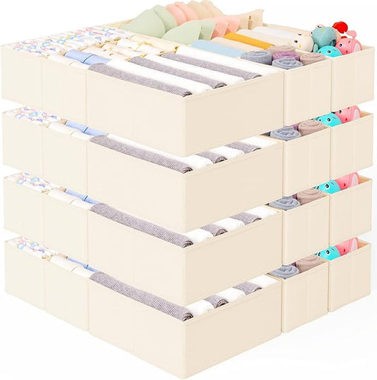 Criusia 26 Pack Drawer Organizer for Clothes, Foldable Dresser Dividers with 3 Sizes, Fabric Storage Bins – Beige