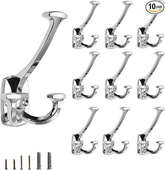 Polished Nickel Hooks Large Wall Mounted Decorative Solid Heavy-Duty Double-Sided Coat Hooks for Hanging Towels Coats Robes Towels Bag Bathroom Wall Hooks (10 Pack)