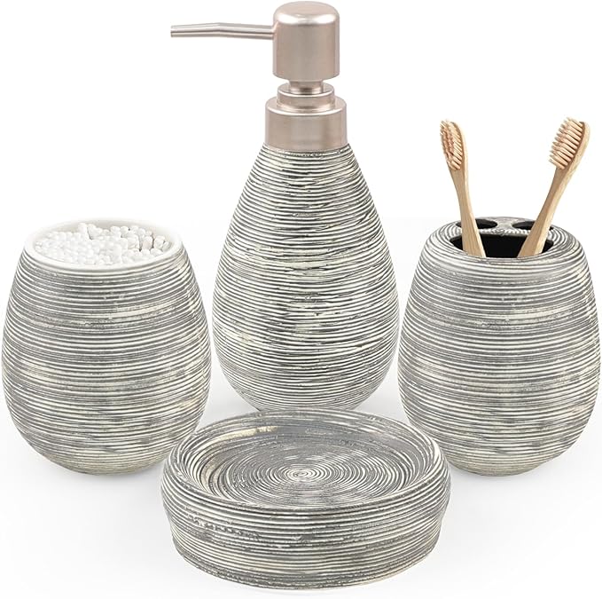 CERBIOR Bathroom Accessories Set,4 Pcs Ceramic Bathroom Decor Accessory,Includes Toothbrush Holder, Toothbrush Cup, Soap Dish for Decorative Countertop and Housewarming Gift(Grey 4pcs)