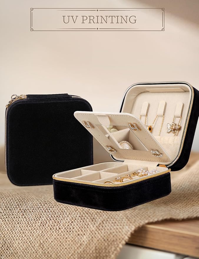 Plush Velvet Travel Jewelry Case Small Jewelry Box Jewelry Organizer Storage Case Portable Jewelry Travel Case for Girls Womens Earring, Necklace, Rings,Bracelets with Mirror