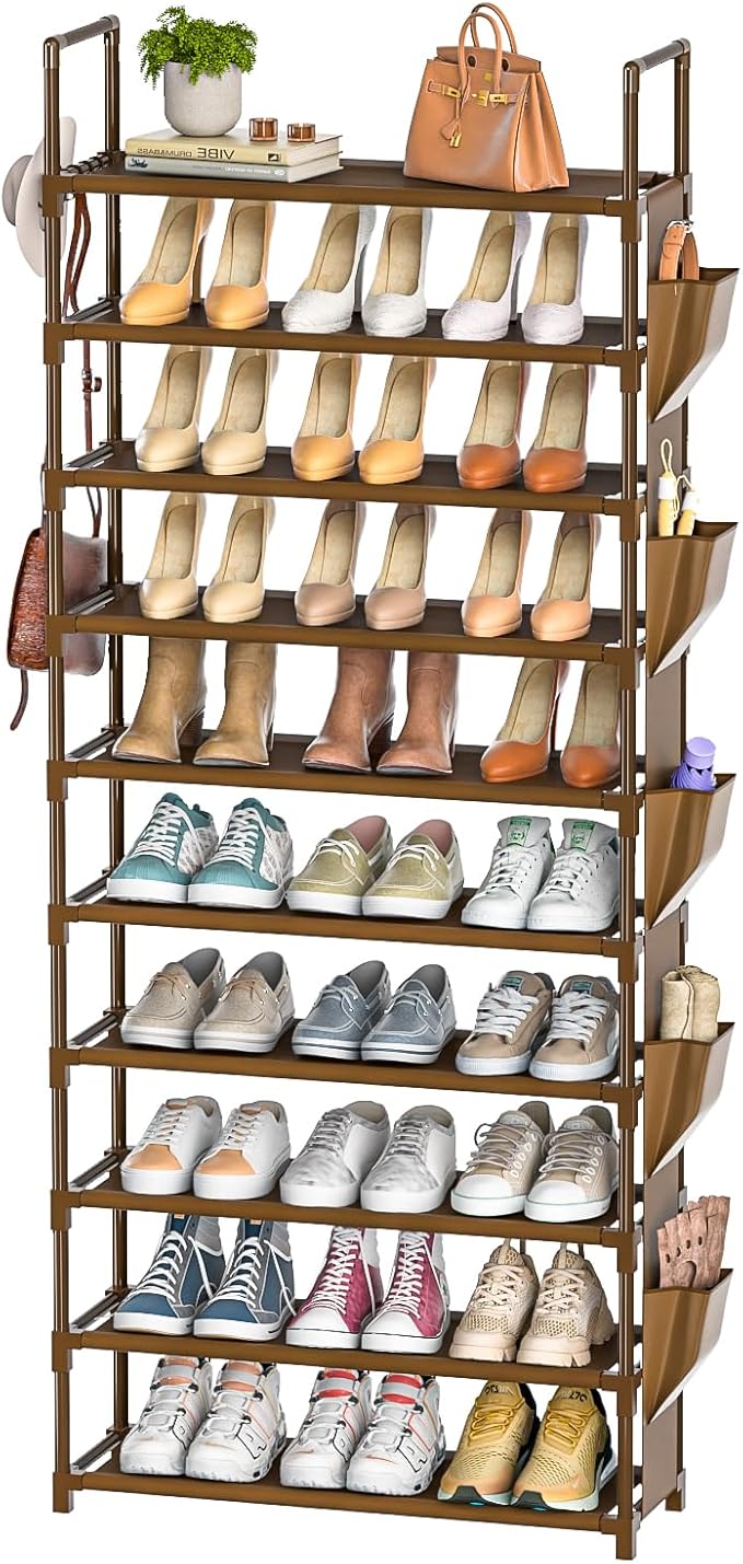 Tall Shoe Rack - 10 Tier Organizer for Closet, 30-35 Pairs, Large Capacity with 5 Hooks and Side Pocket, Sturdy Metal Shoe Shelf, Vertical Shoe Stand Tower