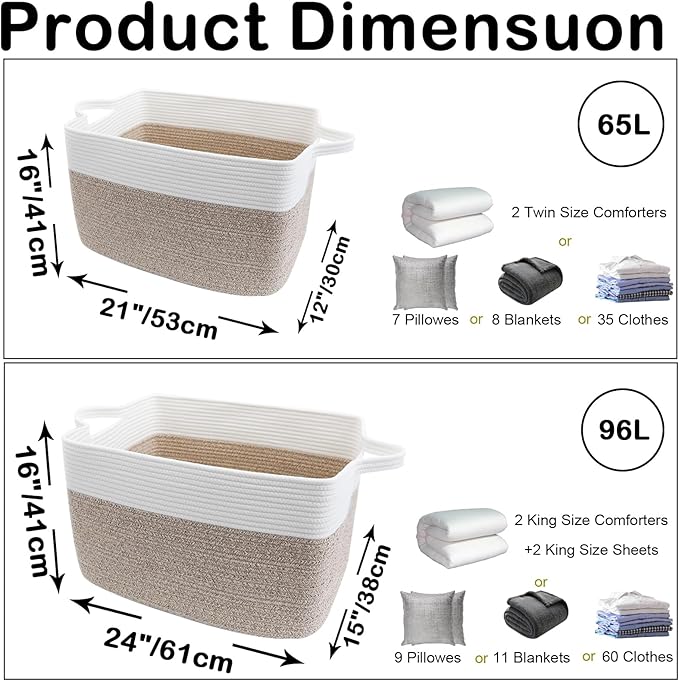 Magazine & Newspaper Baskets,65L Large Woven Rope Blanket Basket,21"x16"x12"Storage Bin with Handle,Toys Storage,Laundry Basket for Home Organization/Living Room/Nursery/Bedroom,White&Brown