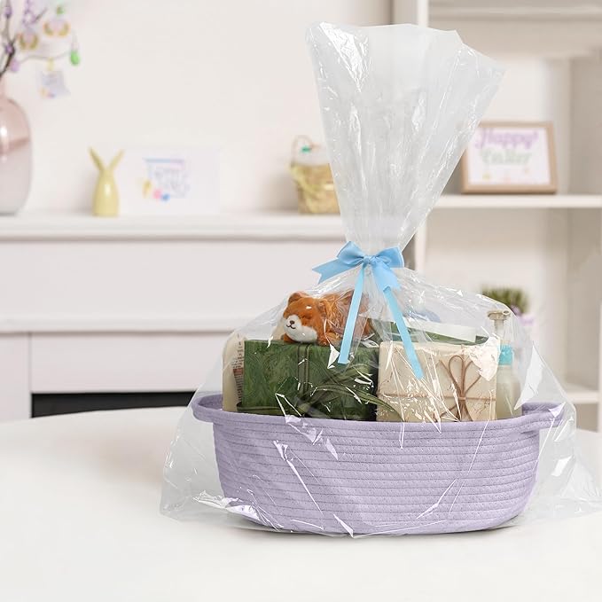 Purple Small Woven Basket, 13â x 9â x 5â Baskets for Gifts Empty, Cotton Rope Gift Basket, Cute Nursery Baby Organizer, Cat Dog Toy Box, Oval Wicker Storage Bin with Handle