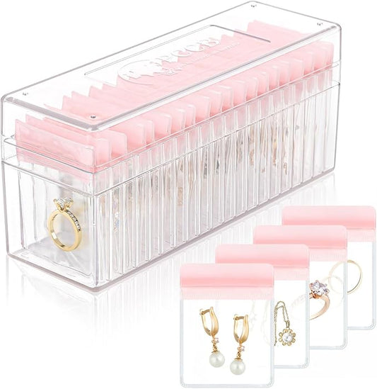 Acrylic Jewelry Box Organizer, Clear Jewelry Organizer Holder with 20 Portable Anti Tarnish Jewelry bags, Travel Jewelry Case for Earrings/Rings/Necklaces for Women Girls, Pink