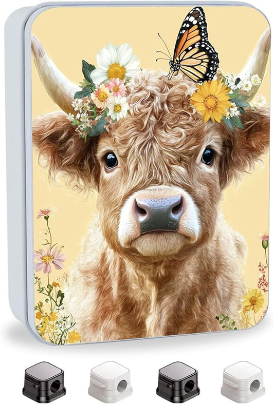 Metal Tin Box with Lid,Multi-functional Storage Box Can Store Tea Biscuits Game Cards, Playing & Tarot Cards-Comes with 4 Magnetic Cord Clips,Cute Cow Butterfly