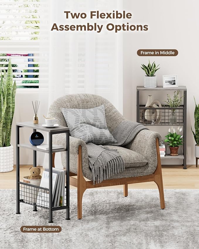 Karii Narrow Side Table, Skinny End Table for Small Spaces with Storage, 3-Tier Slim Wooden Bedside Nightstand Thin Couch Table for Living Room Bedroom Office Dorm Kitchen Bathroom (2, Gray)
