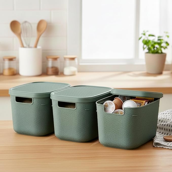 BINO | Plastic Storage Bins with Lids, 5.5 Liter - 3 Pack, Desert Green | THE TWILL COLLECTION | Plastic Bins for Organization | Woven Storage Baskets for Organizing Pantry Shelf Organizer Basket Bin