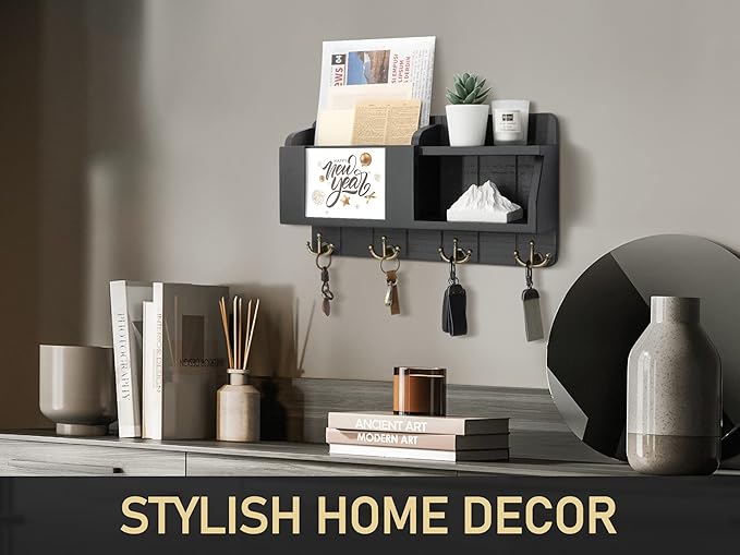Rebee Vision Modern Key Holder for Wall - Mail Organizer Wall Mount with Chalkboard & Sayings - Home Decor for Entryway