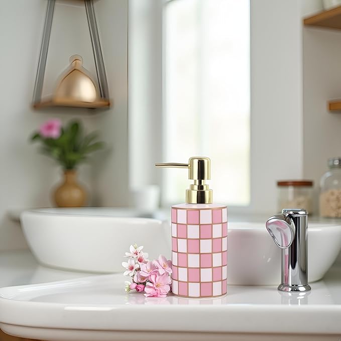 Checkered Bathroom Soap Dispenser,Gold Pump Ceramic Soap Dispenser,Kitchen Checkerboard Empty Pump Bottle,Bath Countertop Storage Organizer,Checkered Bathroom Decor (Pink)