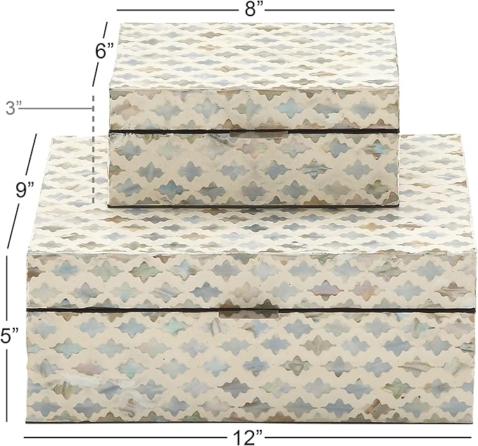 Deco 79 Mother of Pearl Shell Geometric Handmade Decorative Box Storage Decorative Keepsake Boxes with Hinged Lid, Set of 2 Storage Boxes 12", 8"W, Cream