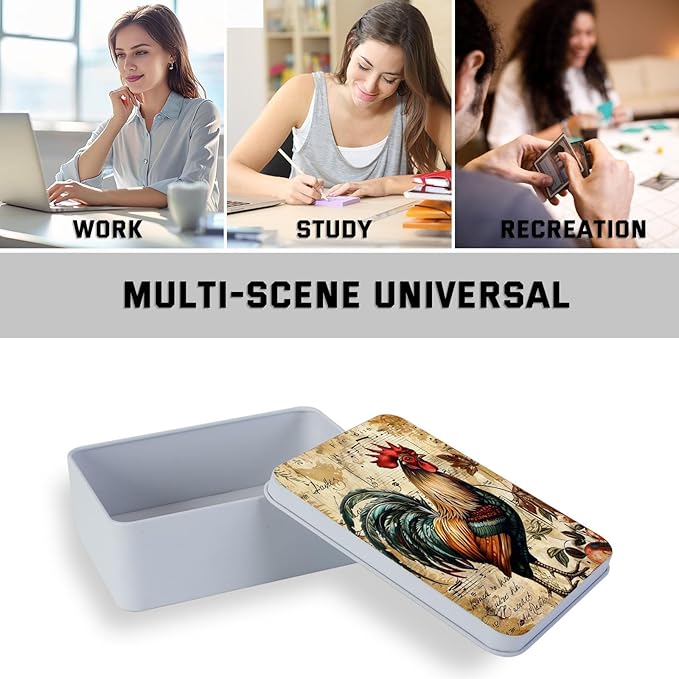 Metal Tin Box with Lid,Multi-functional Storage Box Can Store Tea Biscuits Game Cards, Playing & Tarot Cards-Comes with 4 Magnetic Cord Clips,Vintage Rooster Art