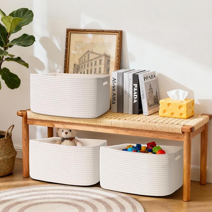 2 Pack Large Storage Basket for Organizing, 17"x12"x7.5" Woven Basket for Shelves, Closet Cube Storage Bins with Wrapped Handle, Cotton Rope Baskets for Kitchen, Clothes, Toys(Off White)