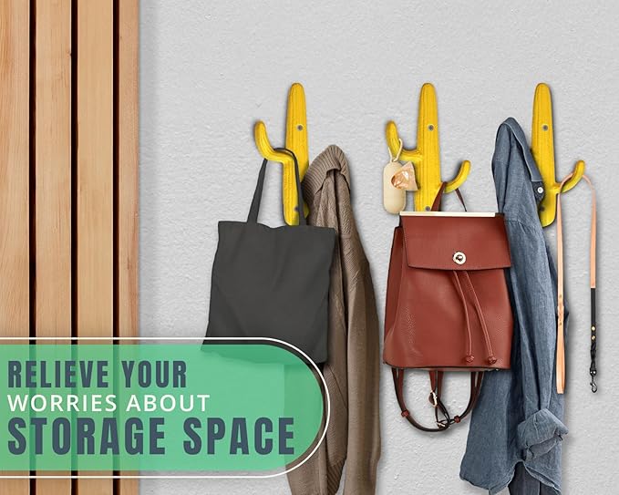 Comfify Set of 3 Hooks Cast Iron Cactus Double Wall Mounted Hooks/Hangers - Decorative Wall Mounted Hooks for Coats, Bags, Towels and More - w/Screws and Anchors Included - Yellow