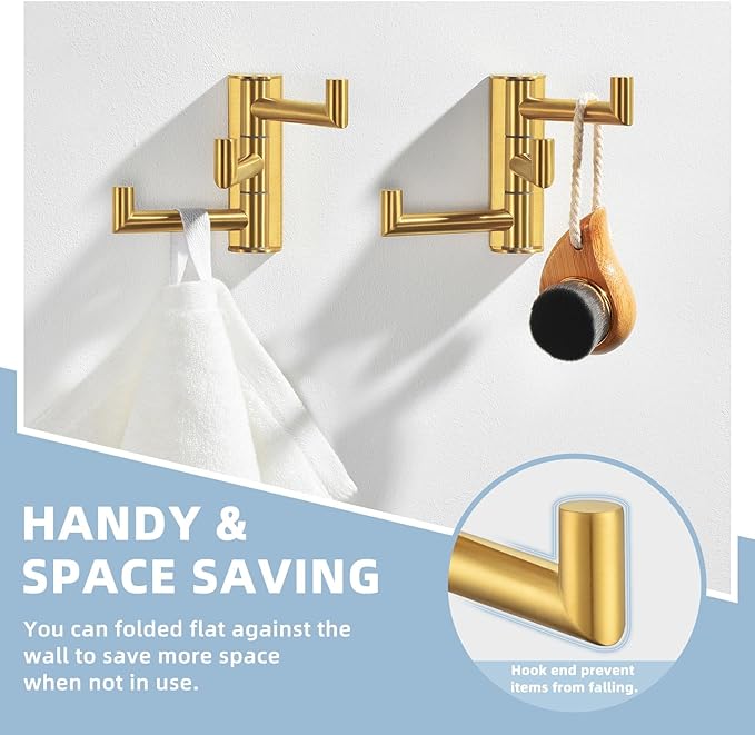 Suyar Bathroom Towel Hook Brushed Gold, SUS 304 Stainless Steel Swivel Coat Robe Holder 3 Foldable Arms, Rotating Wall Hook, 2 Pack