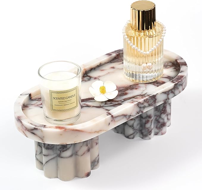 Marble Perfume Tray with Legs - Oval Decorative Stone Pedestal for Bathroom Vanity Coffee Table Kitchen Countertop, Footed Jewelry Candle Organizers Catchall Plate Riser with Scalloped Feet