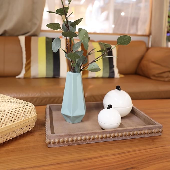 Wood Decorative Tray, Distressed Outdoor Serving Tray with Wooden Bead for Ottoman, Coffee Table, Entertaining, Home Decor, Rectangular 15.7â*11.8â*1.57â (Retro Brown)